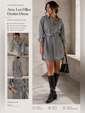 Anthropologie Avec Les Filles Gray Denim Shirt Dress XS NWT Minimalist